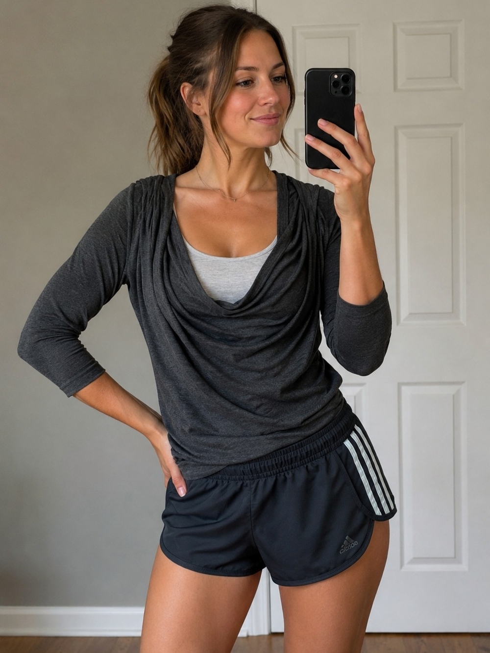 Draped Cowl Neck Tunic Top - Charcoal